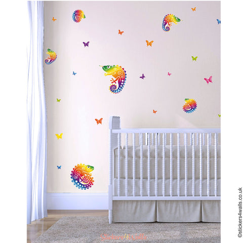 Rainbow & Chameleons Fabric Wall Stickers - Reusable, Repositionable with Butterflies