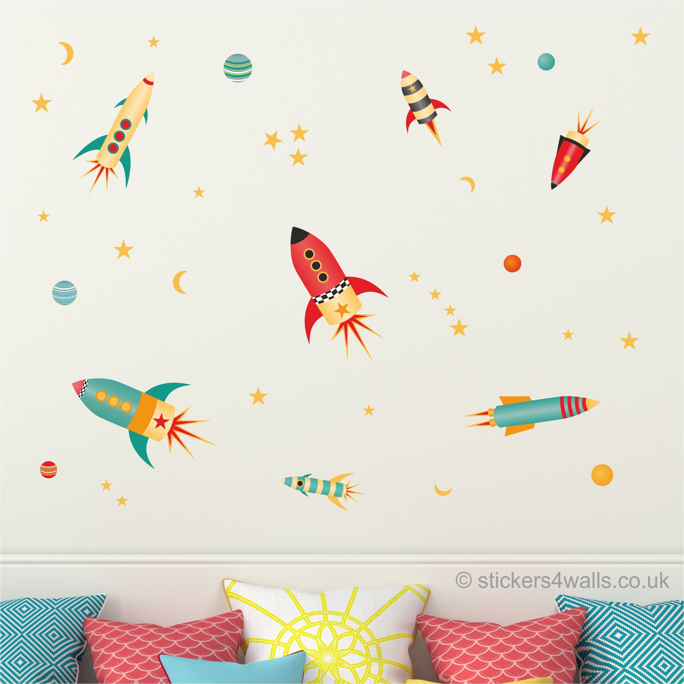 Rocket And Planet Fabric Wall Stickers Reusable